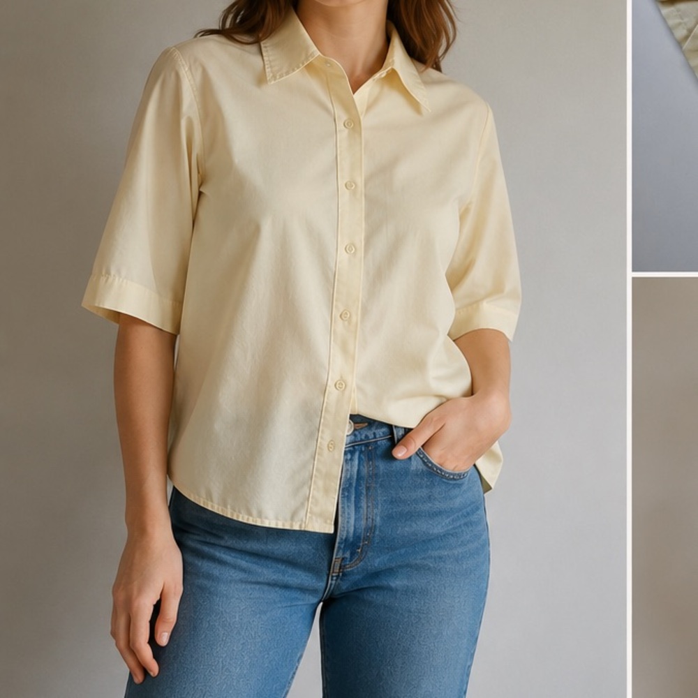 Vintage 60s 70s Button Front Elbow Sleeve Blouse Pale Yellow L